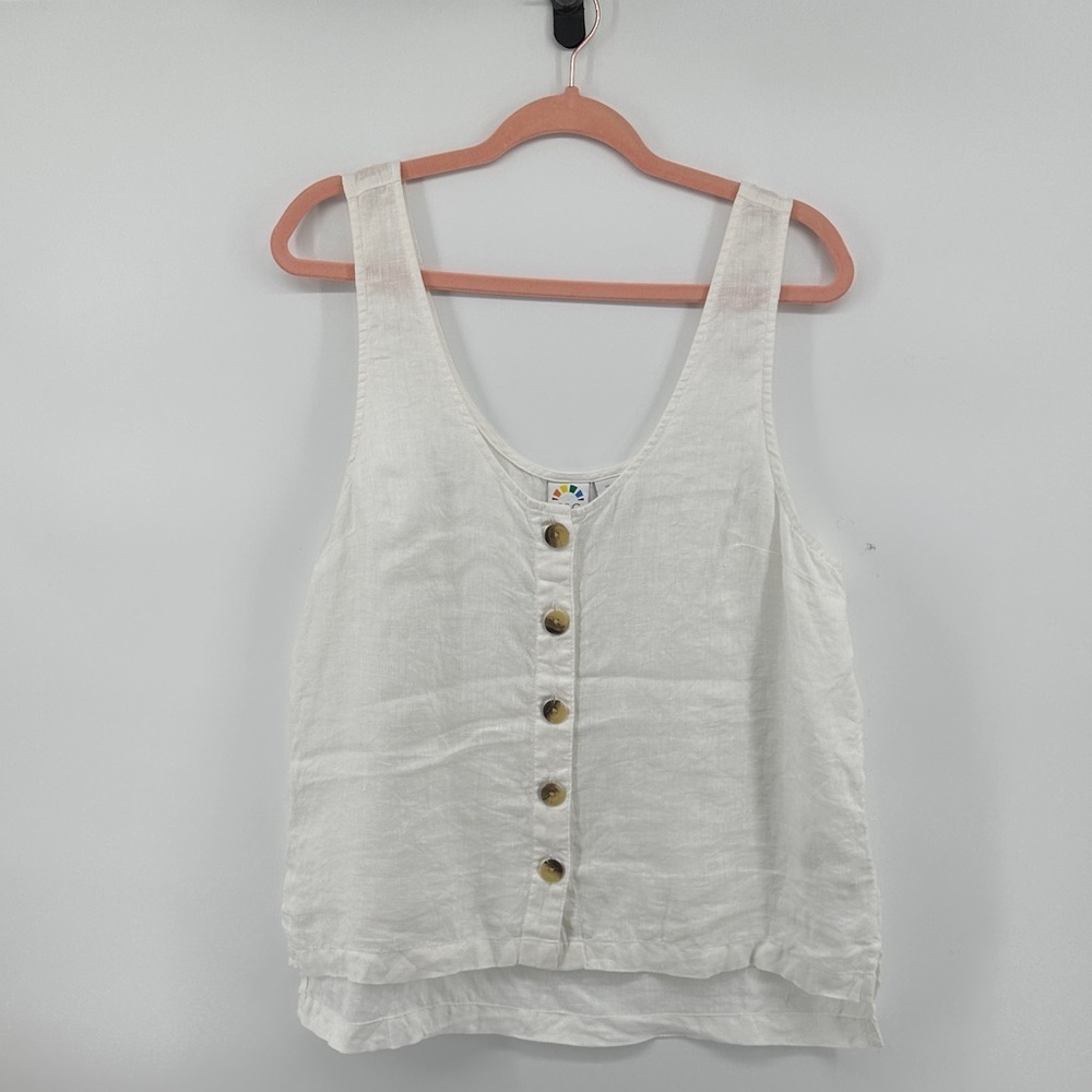 C&C Cali Boho Summer Surf Coastal Clean White Button-Down 100Linen Tank Top SzL